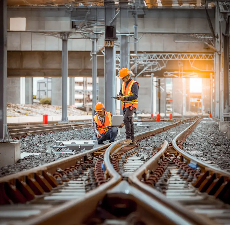 Des ouvriers qui travaillent sur les rails de train