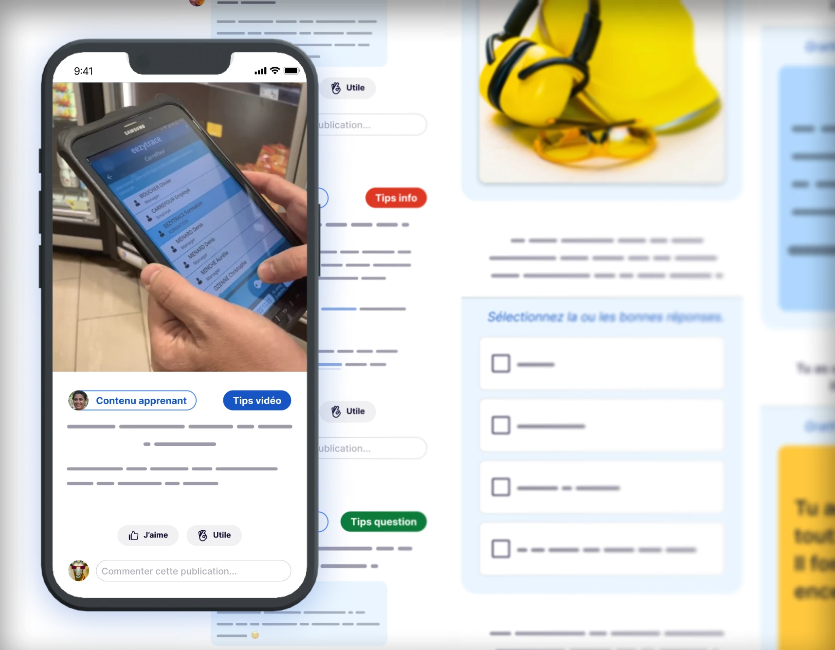 Personne tenant un téléphone affichant une application avec une liste de noms, sur un arrière-plan flou d'interface numérique avec des icônes de casques de sécurité jaunes.