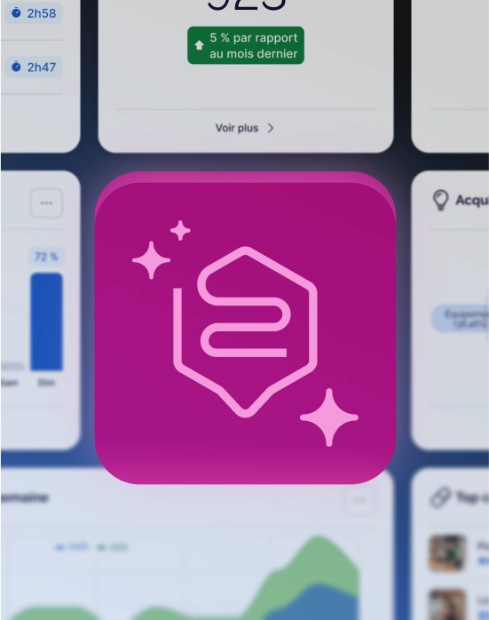 Icône carrée rose à bords arrondis avec un symbole blanc stylisé ressemblant à un 2 dans un hexagone, entouré de trois petites étoiles scintillantes.